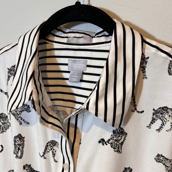 Chicos Chic‎ Stretch No Iron Cheetah Print Button Down Tunic Size 2/Large/12 - Picture 4 of 15